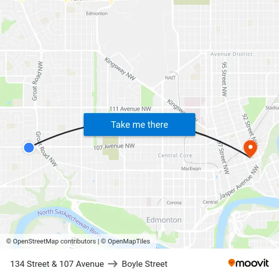 134 Street & 107 Avenue to Boyle Street map