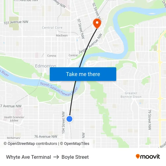 Whyte Ave Terminal to Boyle Street map