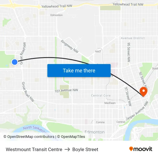 Westmount Transit Centre to Boyle Street map