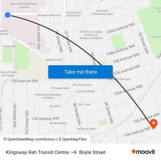 Kingsway Rah Transit Centre to Boyle Street map
