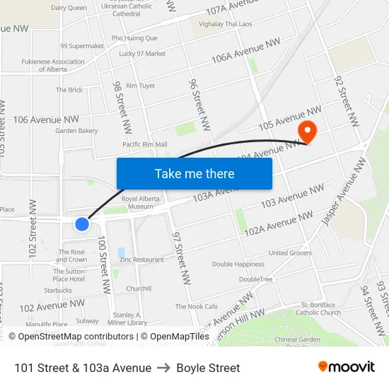 101 Street & 103a Avenue to Boyle Street map