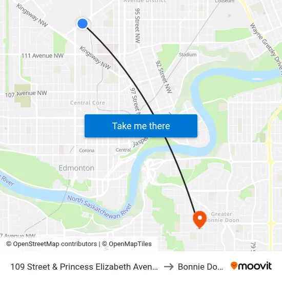 109 Street & Princess Elizabeth Avenue to Bonnie Doon map