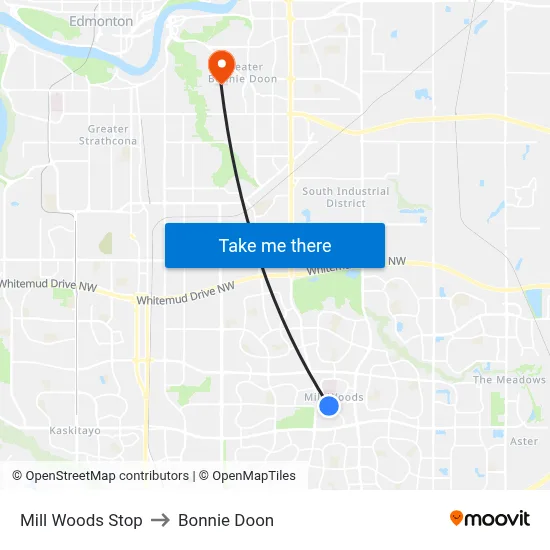 Mill Woods Stop to Bonnie Doon map