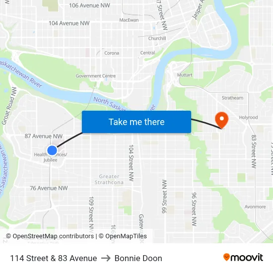 114 Street & 83 Avenue to Bonnie Doon map