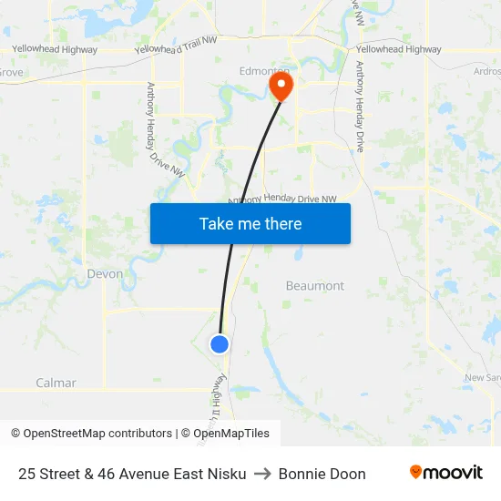 25 Street & 46 Avenue East Nisku to Bonnie Doon map