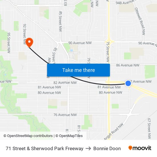 71 Street & Sherwood Park Freeway to Bonnie Doon map