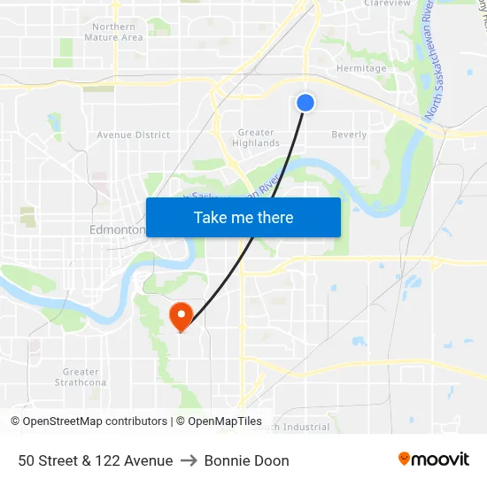 50 Street & 122 Avenue to Bonnie Doon map
