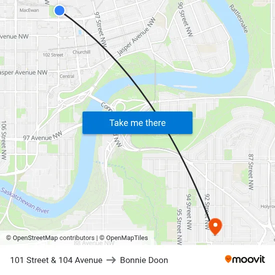 101 Street & 104 Avenue to Bonnie Doon map
