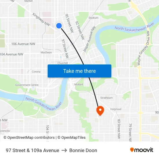 97 Street & 109a Avenue to Bonnie Doon map