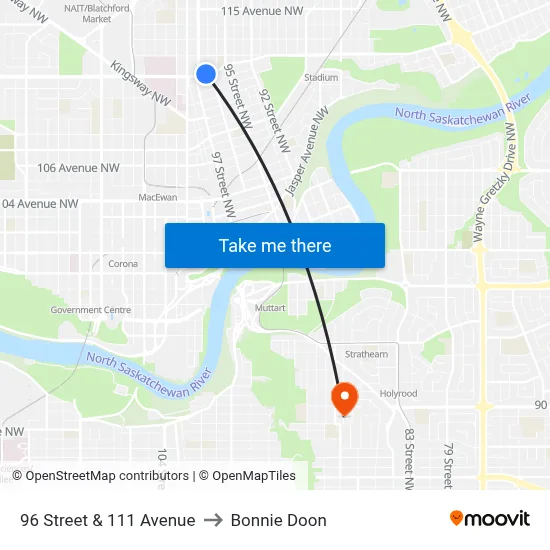 96 Street & 111 Avenue to Bonnie Doon map