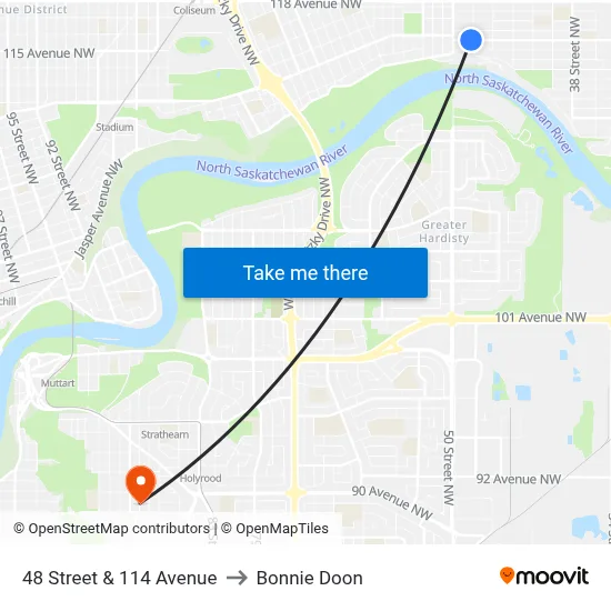 48 Street & 114 Avenue to Bonnie Doon map