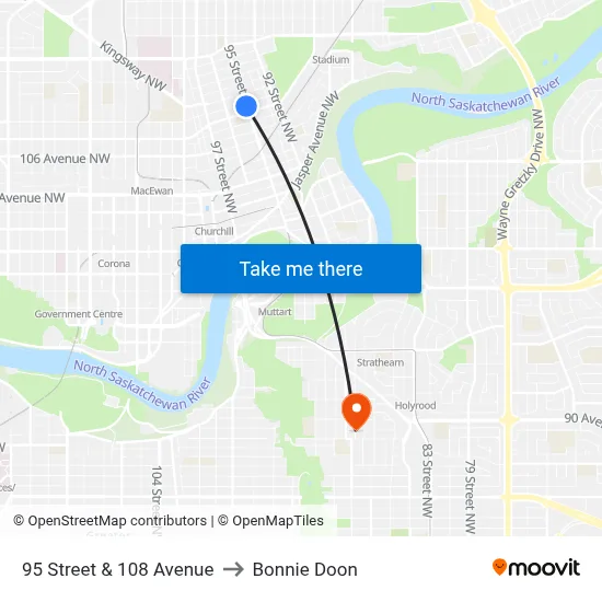 95 Street & 108 Avenue to Bonnie Doon map