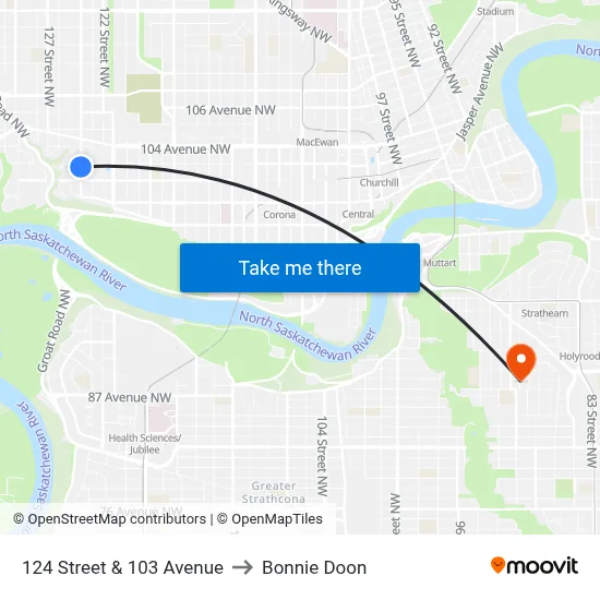 124 Street & 103 Avenue to Bonnie Doon map