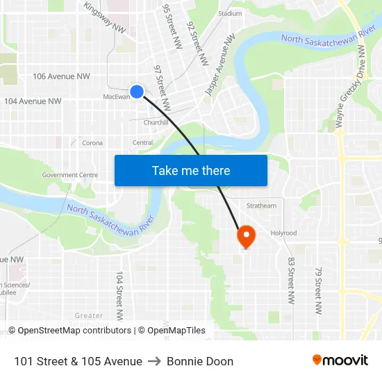 101 Street & 105 Avenue to Bonnie Doon map
