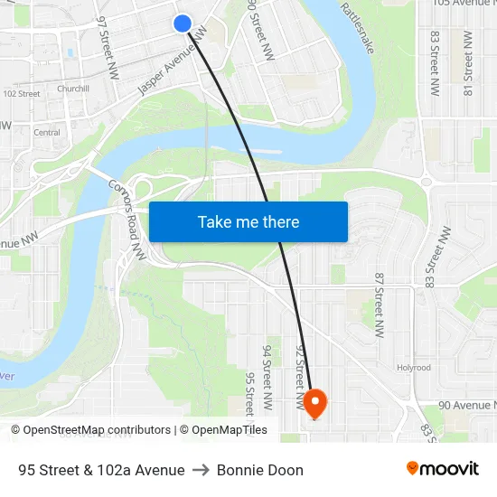 95 Street & 102a Avenue to Bonnie Doon map