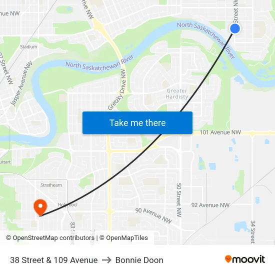 38 Street & 109 Avenue to Bonnie Doon map