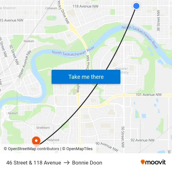 46 Street & 118 Avenue to Bonnie Doon map