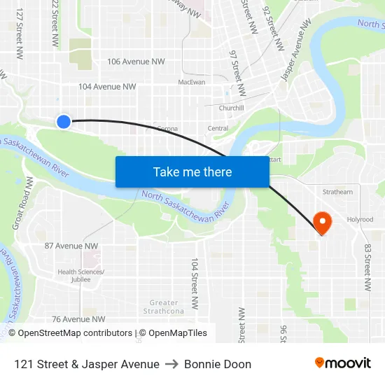 121 Street & Jasper Avenue to Bonnie Doon map