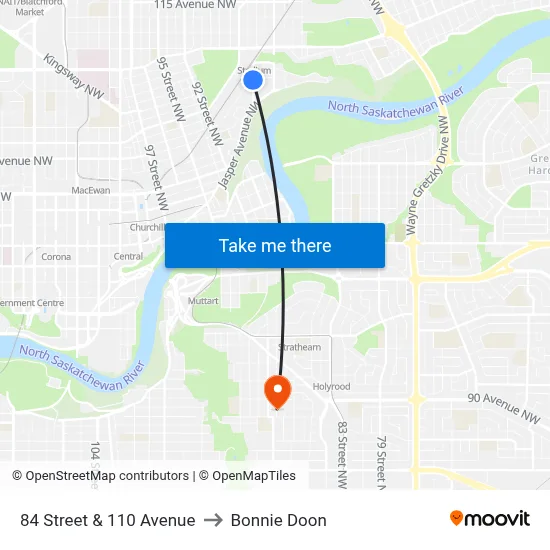 84 Street & 110 Avenue to Bonnie Doon map