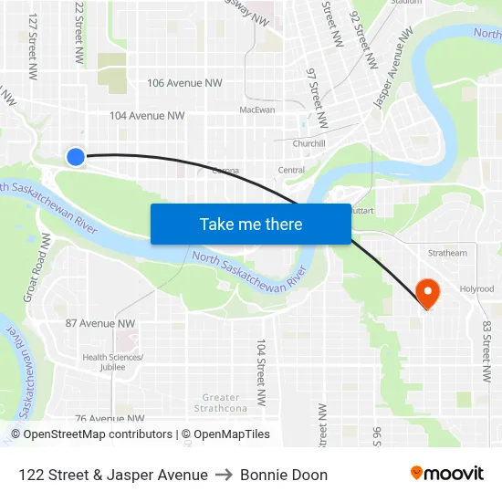 122 Street & Jasper Avenue to Bonnie Doon map