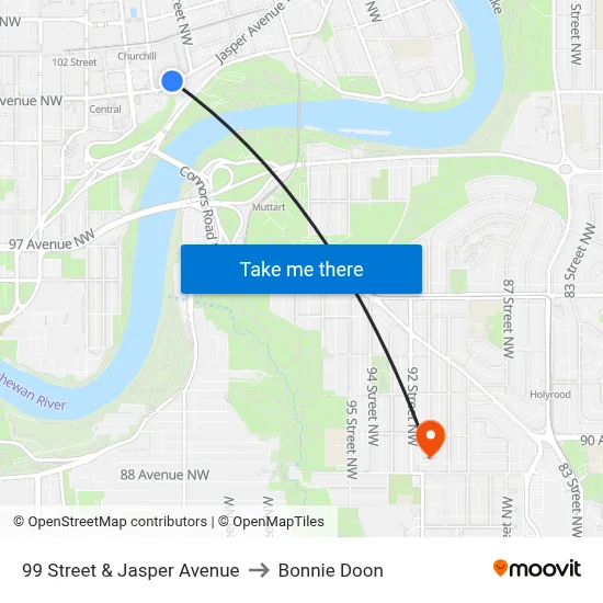99 Street & Jasper Avenue to Bonnie Doon map