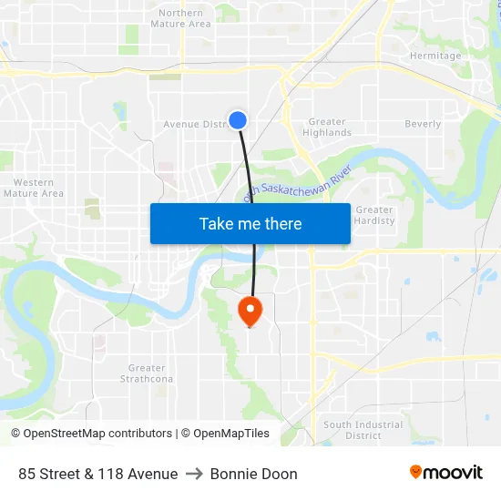 85 Street & 118 Avenue to Bonnie Doon map
