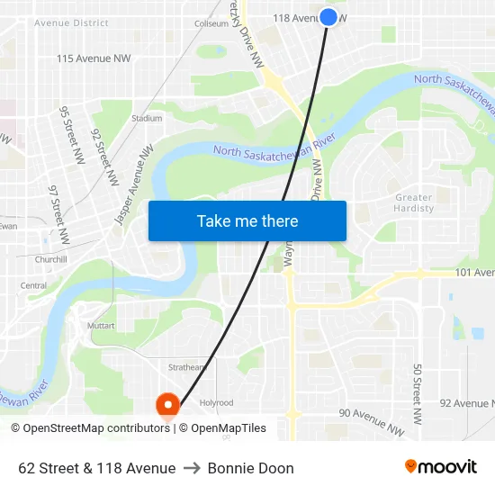 62 Street & 118 Avenue to Bonnie Doon map