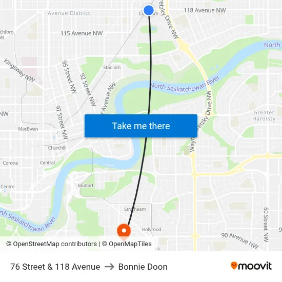 76 Street & 118 Avenue to Bonnie Doon map