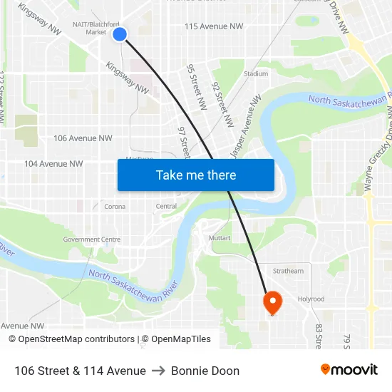 106 Street & 114 Avenue to Bonnie Doon map