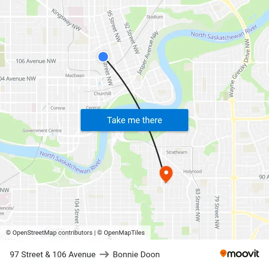 97 Street & 106 Avenue to Bonnie Doon map