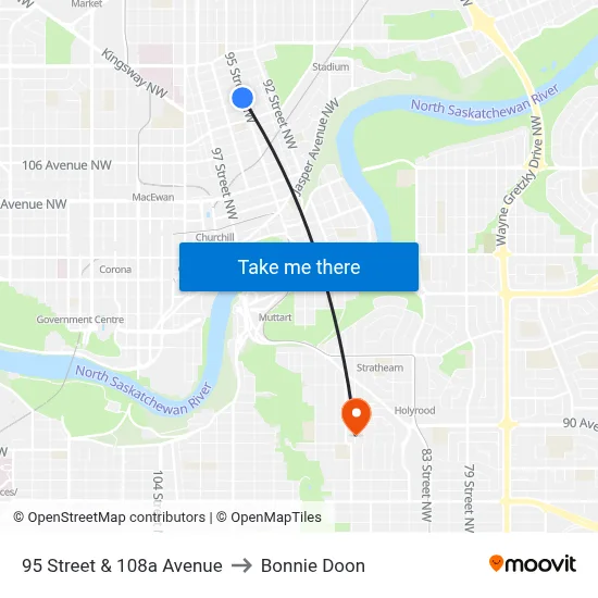95 Street & 108a Avenue to Bonnie Doon map