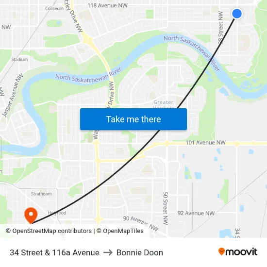 34 Street & 116a Avenue to Bonnie Doon map