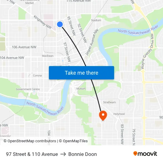 97 Street & 110 Avenue to Bonnie Doon map
