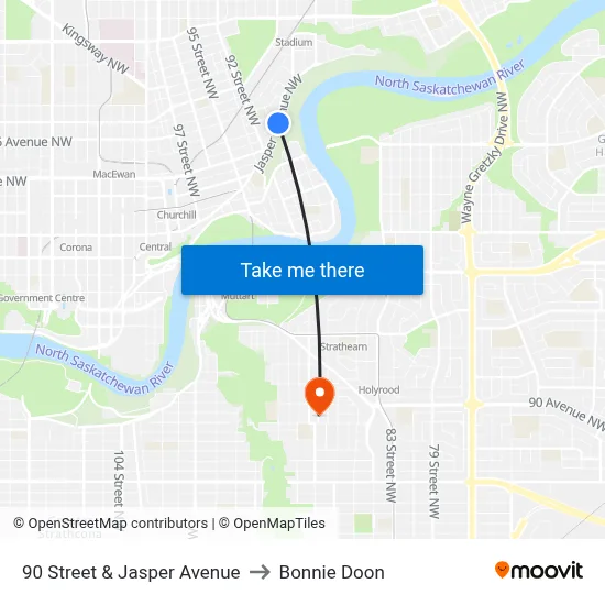 90 Street & Jasper Avenue to Bonnie Doon map