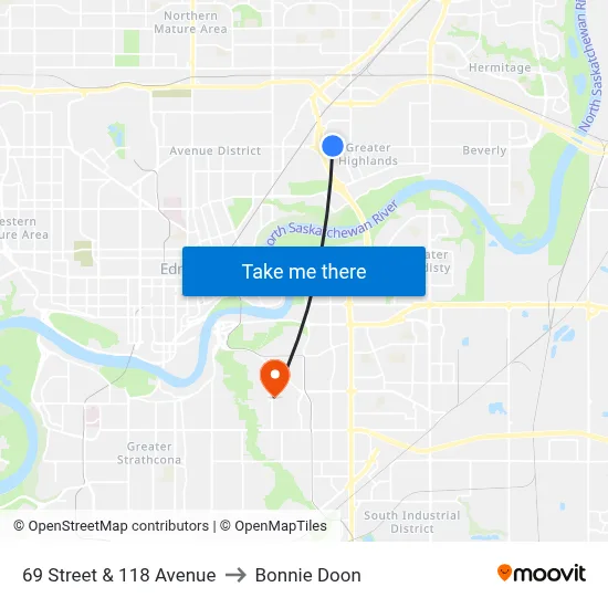 69 Street & 118 Avenue to Bonnie Doon map