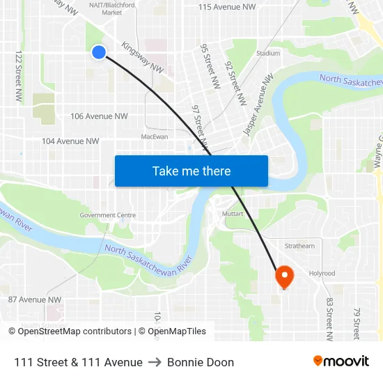 111 Street & 111 Avenue to Bonnie Doon map