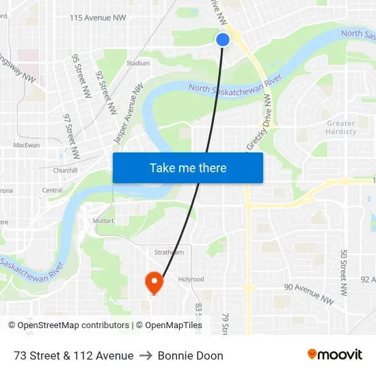 73 Street & 112 Avenue to Bonnie Doon map