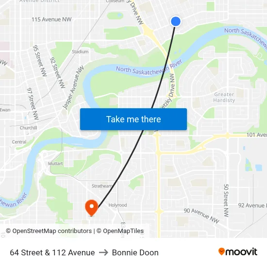 64 Street & 112 Avenue to Bonnie Doon map