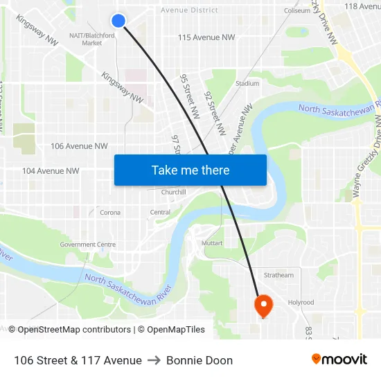 106 Street & 117 Avenue to Bonnie Doon map