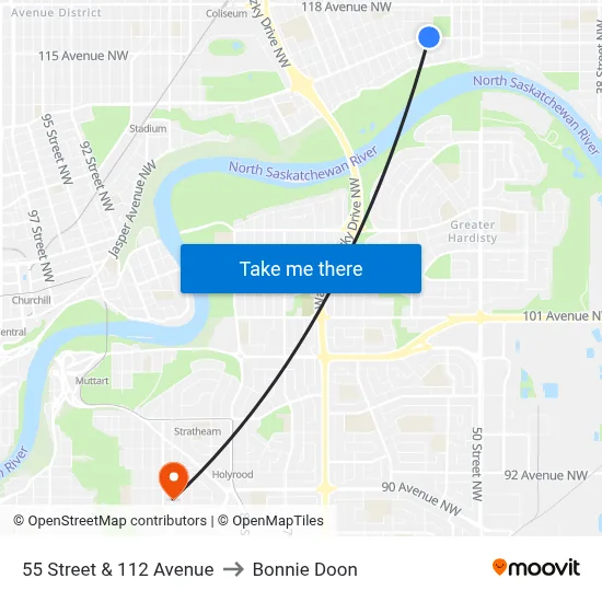 55 Street & 112 Avenue to Bonnie Doon map