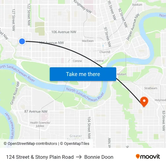 124 Street & Stony Plain Road to Bonnie Doon map
