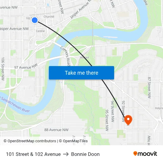 101 Street & 102  Avenue to Bonnie Doon map