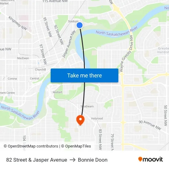 82 Street & Jasper Avenue to Bonnie Doon map