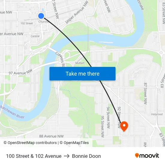 100 Street & 102 Avenue to Bonnie Doon map