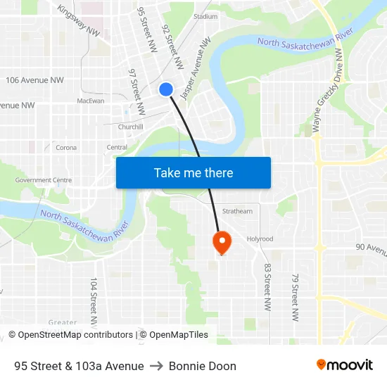 95 Street & 103a Avenue to Bonnie Doon map