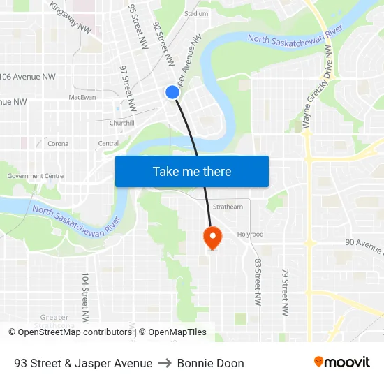 93 Street & Jasper Avenue to Bonnie Doon map