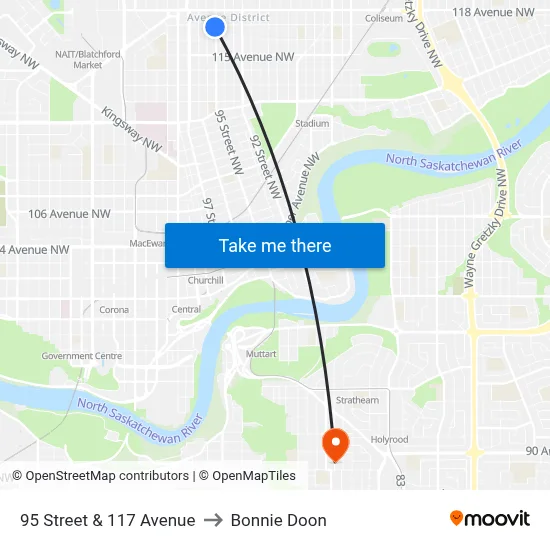 95 Street & 117 Avenue to Bonnie Doon map