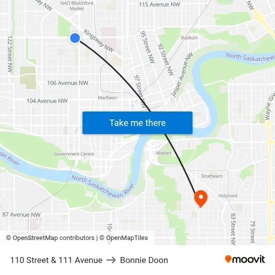 110 Street & 111 Avenue to Bonnie Doon map