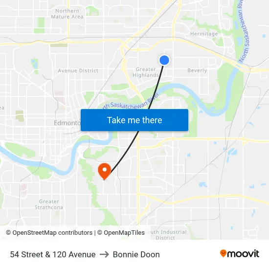 54 Street & 120 Avenue to Bonnie Doon map