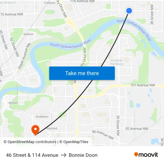 46 Street & 114 Avenue to Bonnie Doon map